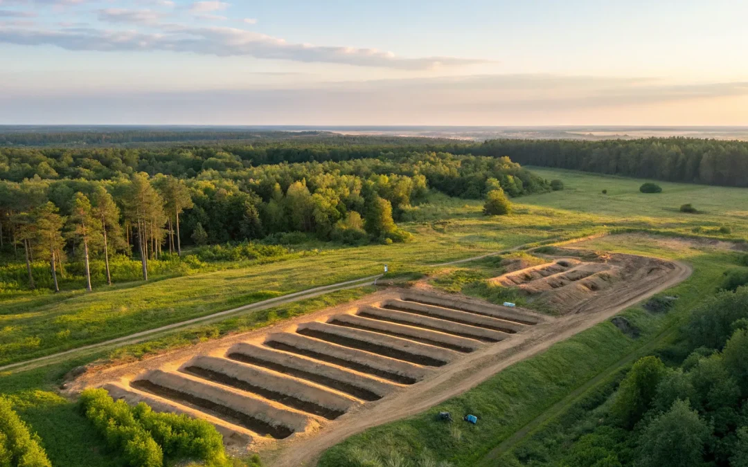 Septic tank and drain field layout with trenches visible in a grassy landscape.