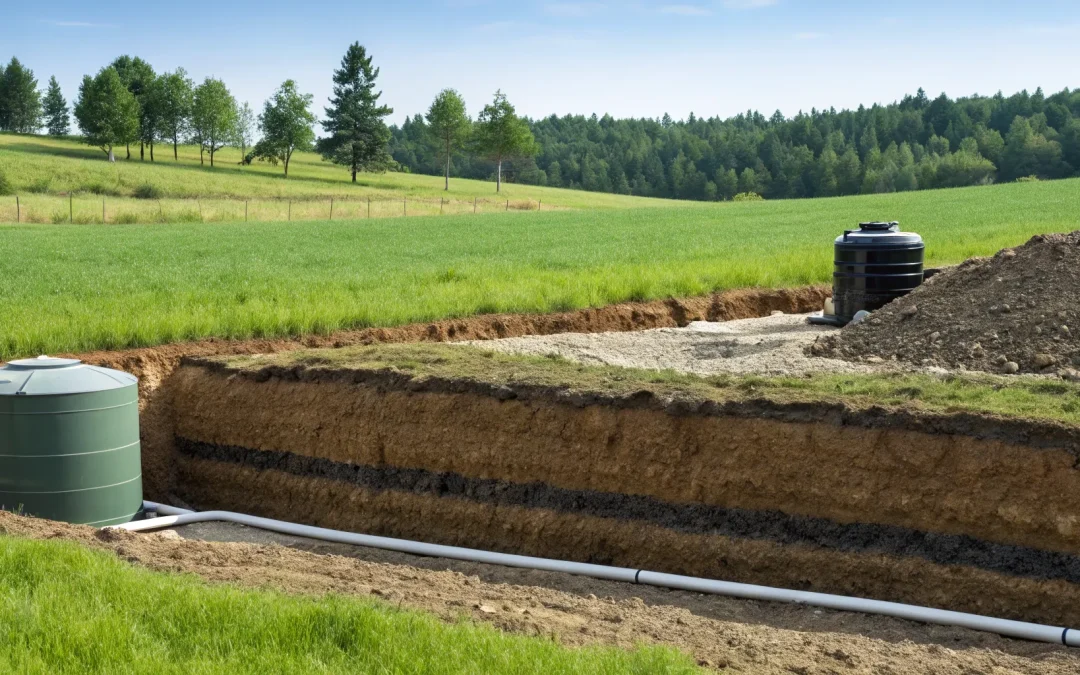 A septic system with its tank and pipes being installed, one of the three main system types.