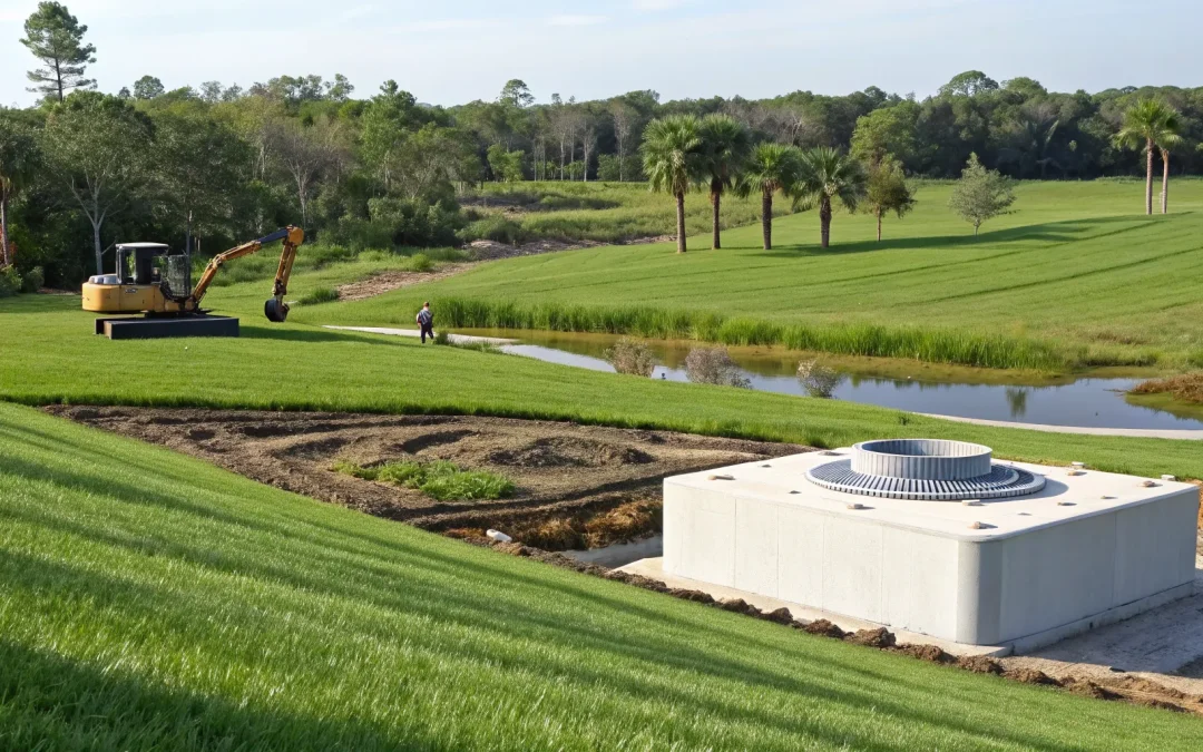 An excavator installing one of the various types of engineered septic systems on a grassy property.