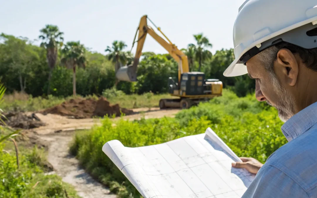 Engineer in a hard hat reviews septic tank engineering plans on a construction site.