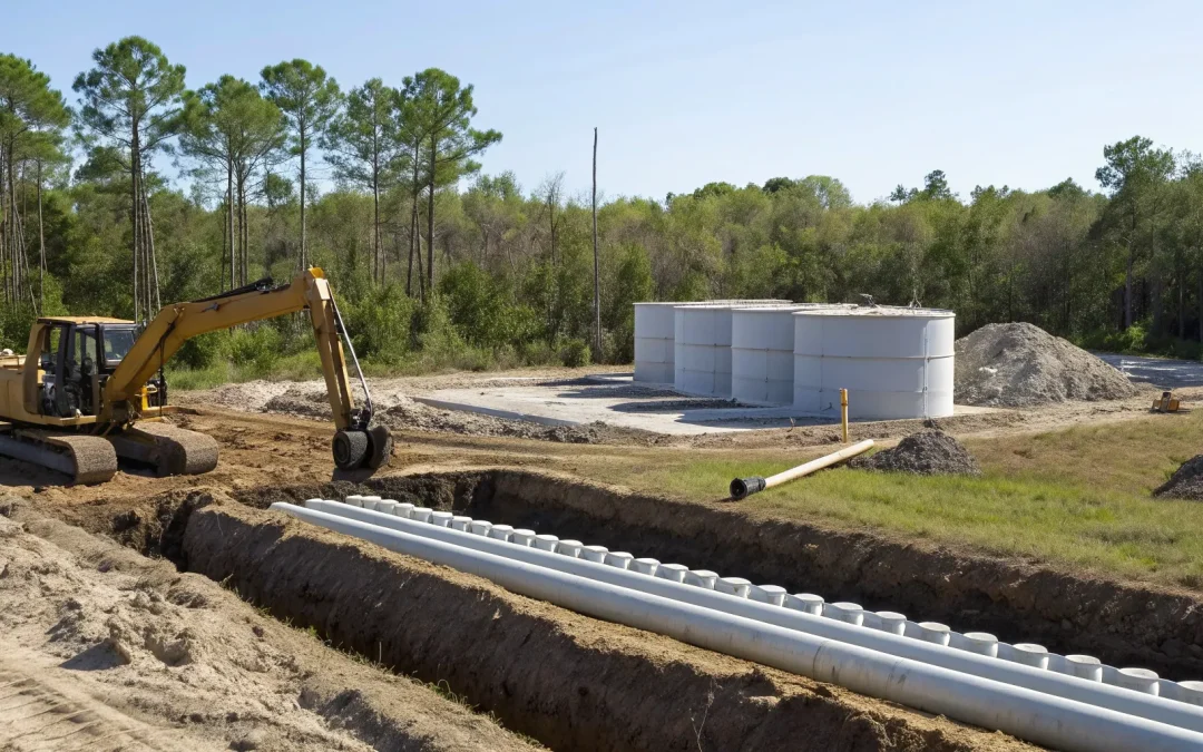Excavator installing a large capacity septic system design with tanks and pipes.