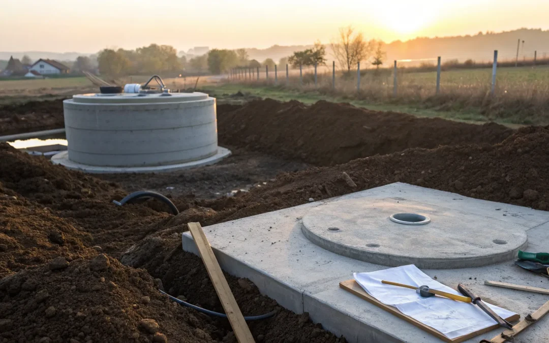 A concrete septic tank at a job site, representing a common size from a builder's chart.