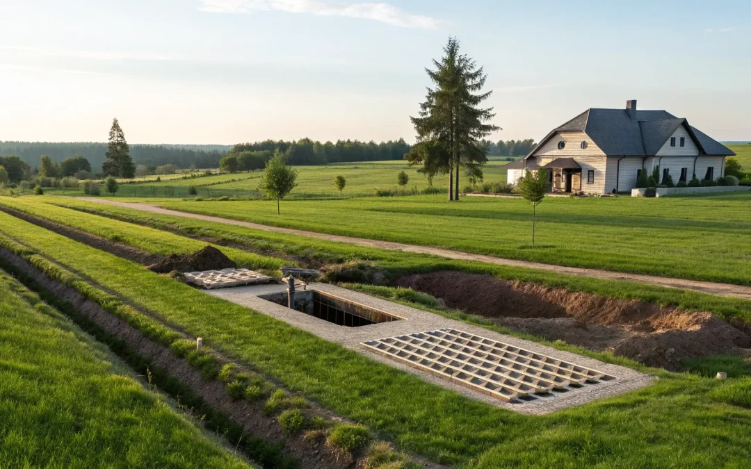 A septic drain field under construction with trenches that meet installation requirements.