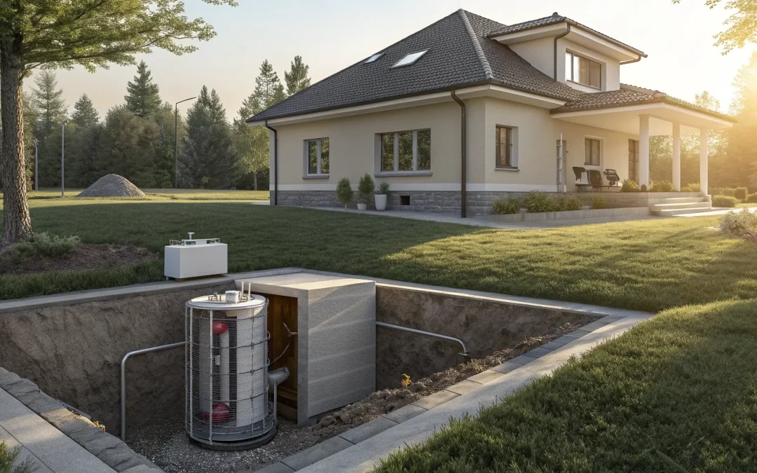 Diagram of how a septic tank works, showing the flow from the house to the underground tank and drainfield.