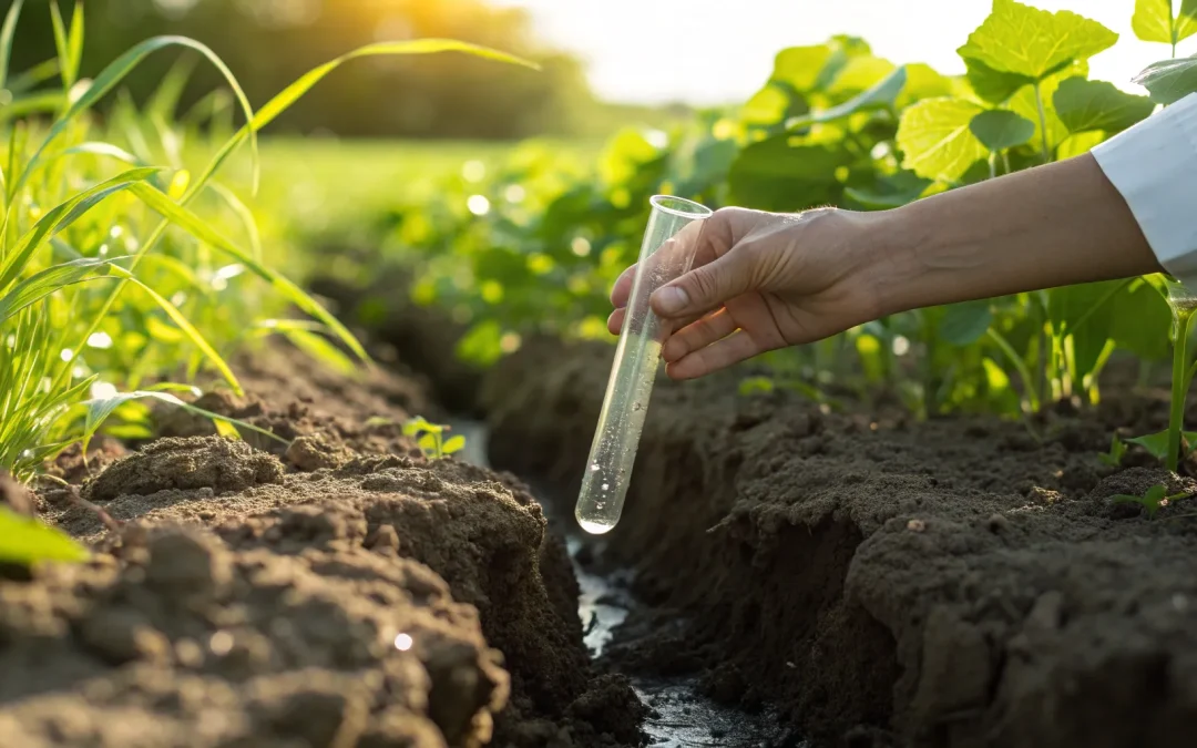 Person performing a percolation test in a soil hole to measure the water absorption rate.