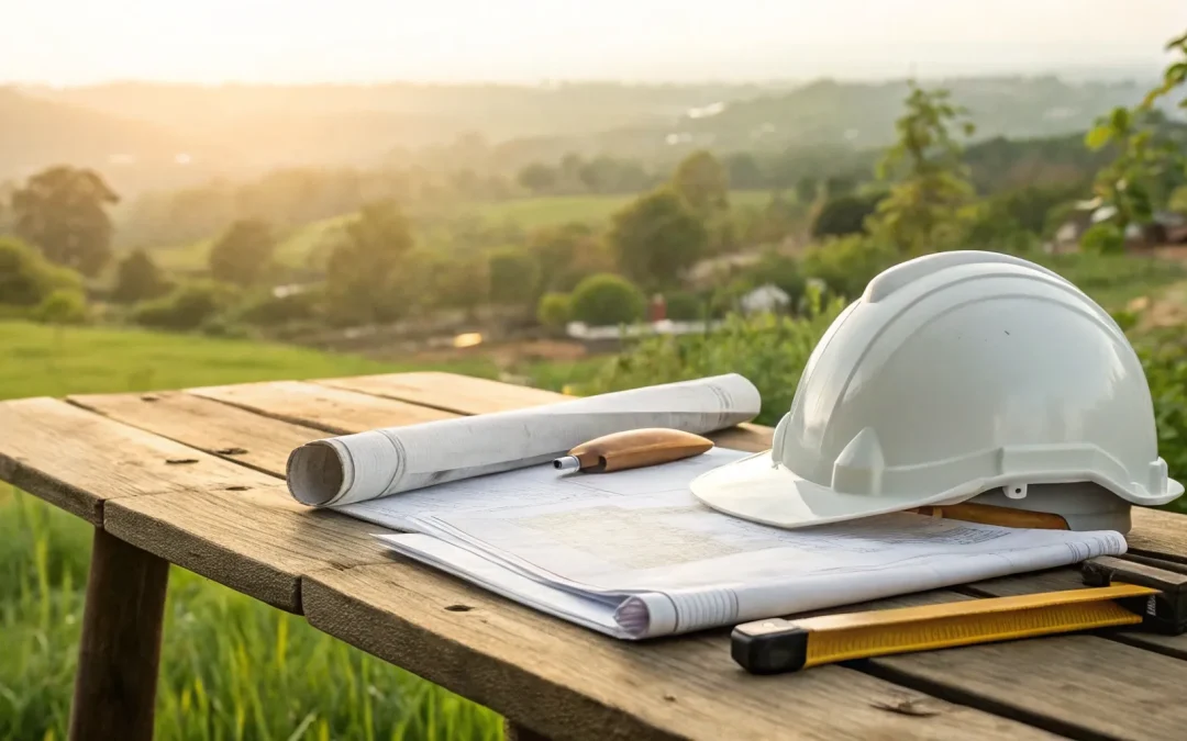 Construction plans, a hard hat, and tools for a septic permit application.