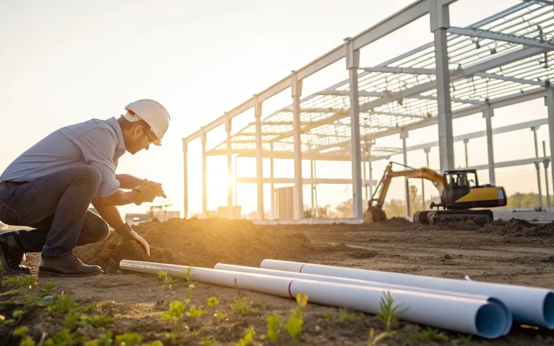 Engineer inspecting the site for a commercial septic system design with exposed pipes and soil.