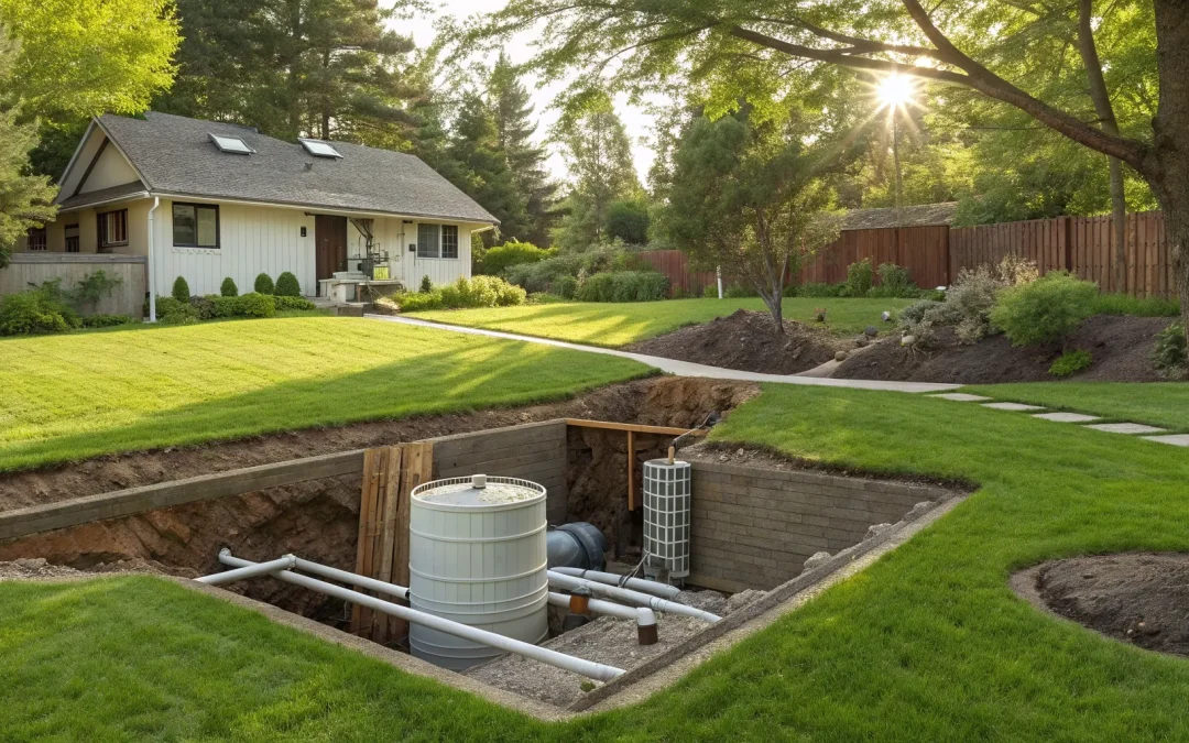 The key parts of a residential septic system, showing the exposed tank, pipes, and drainfield.