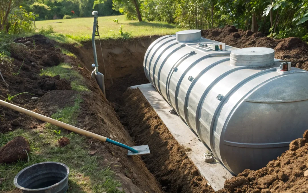 A modern septic tank featuring the latest technology being installed in a residential yard.