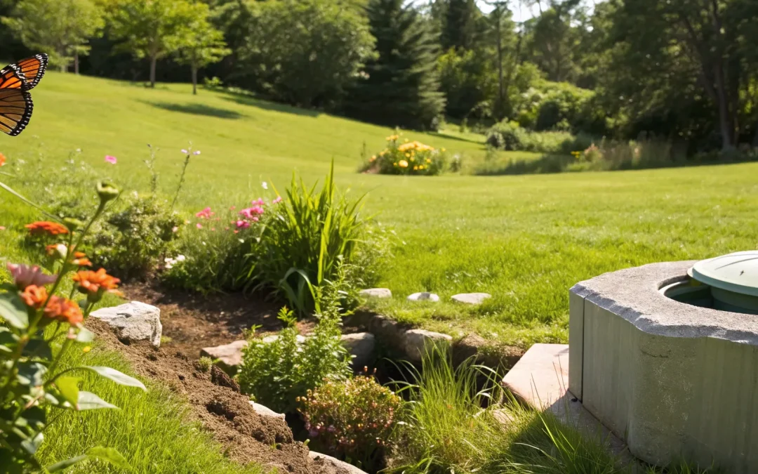 A green septic system integrated into a landscaped residential yard.