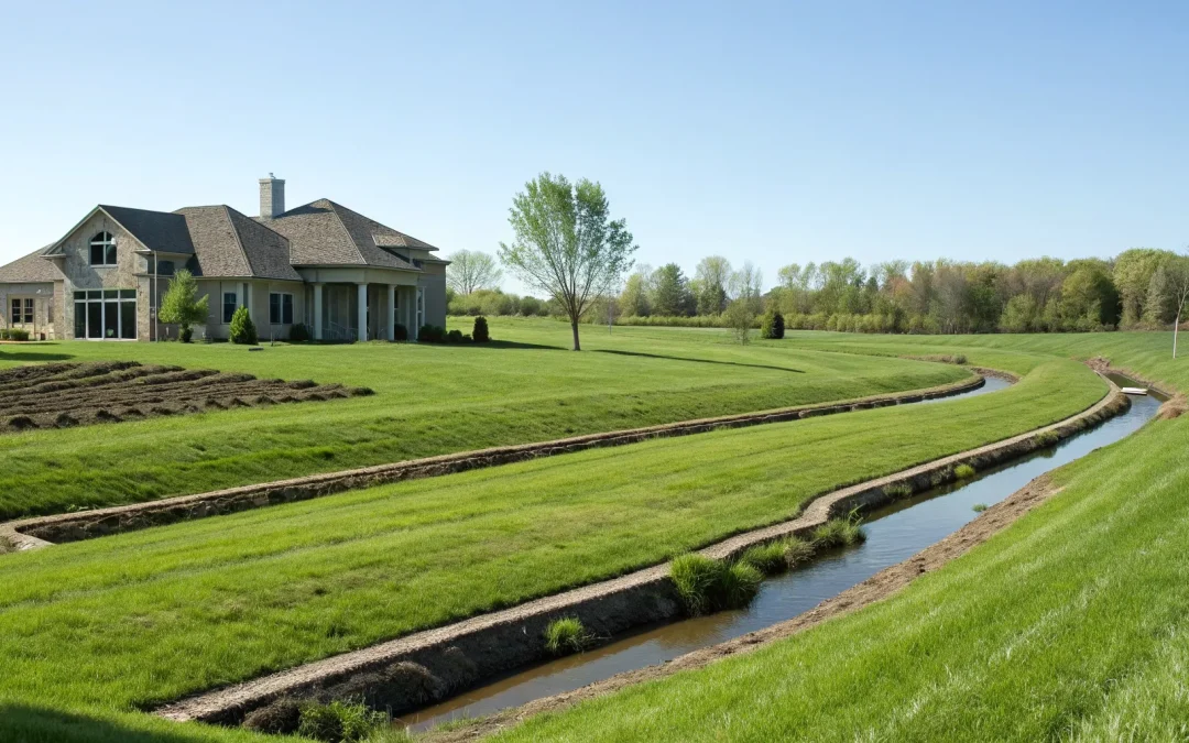 A property drainage plan featuring a channel to protect a home and lawn from water damage.