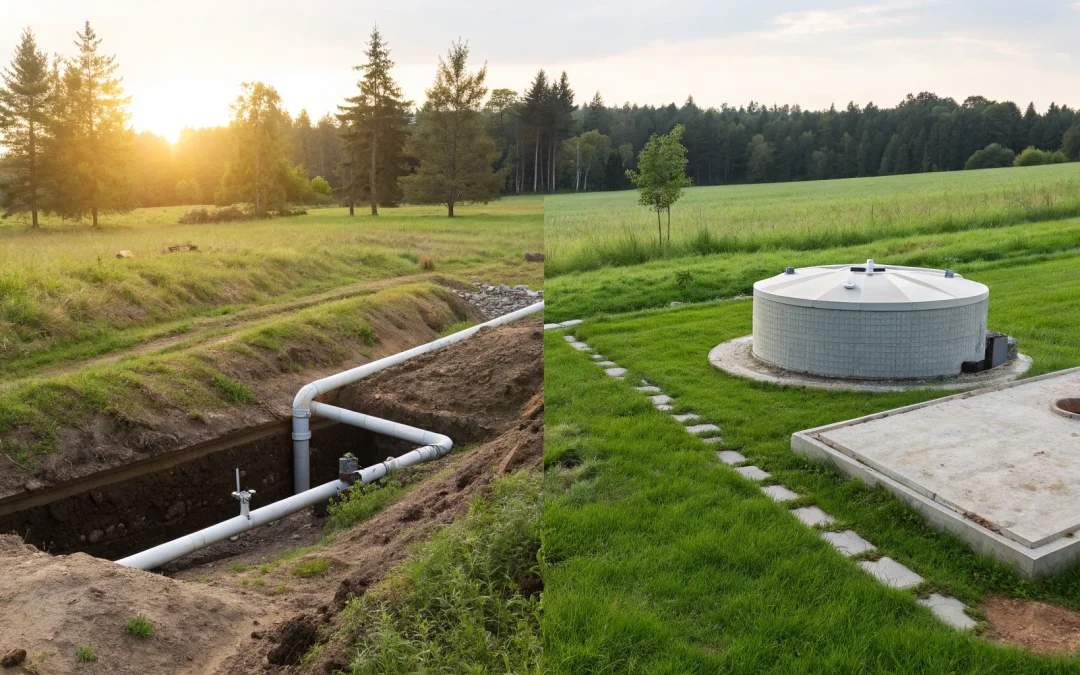 Engineered vs conventional septic systems with their different tank and drainfield components.