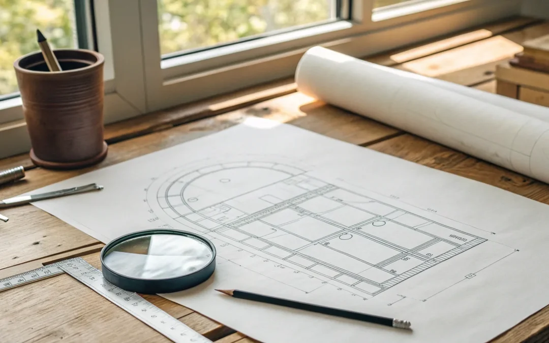 A technical drawing of a septic tank with dimensions laid out on a desk.