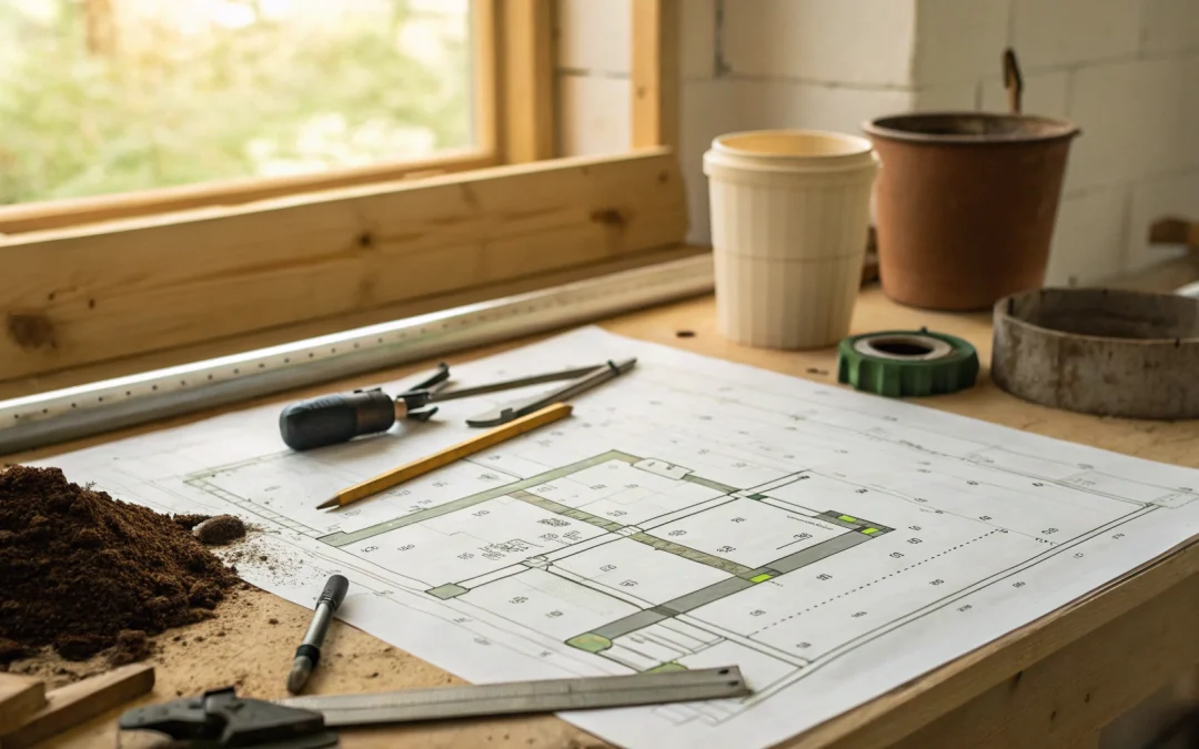 Blueprint for a septic tank size chart on a workbench with soil and tools.