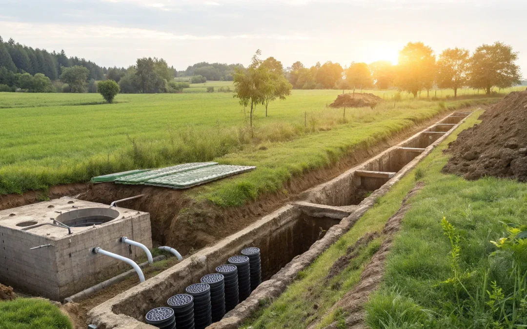 A concrete tank and drainage field, one of the common old types of septic systems.