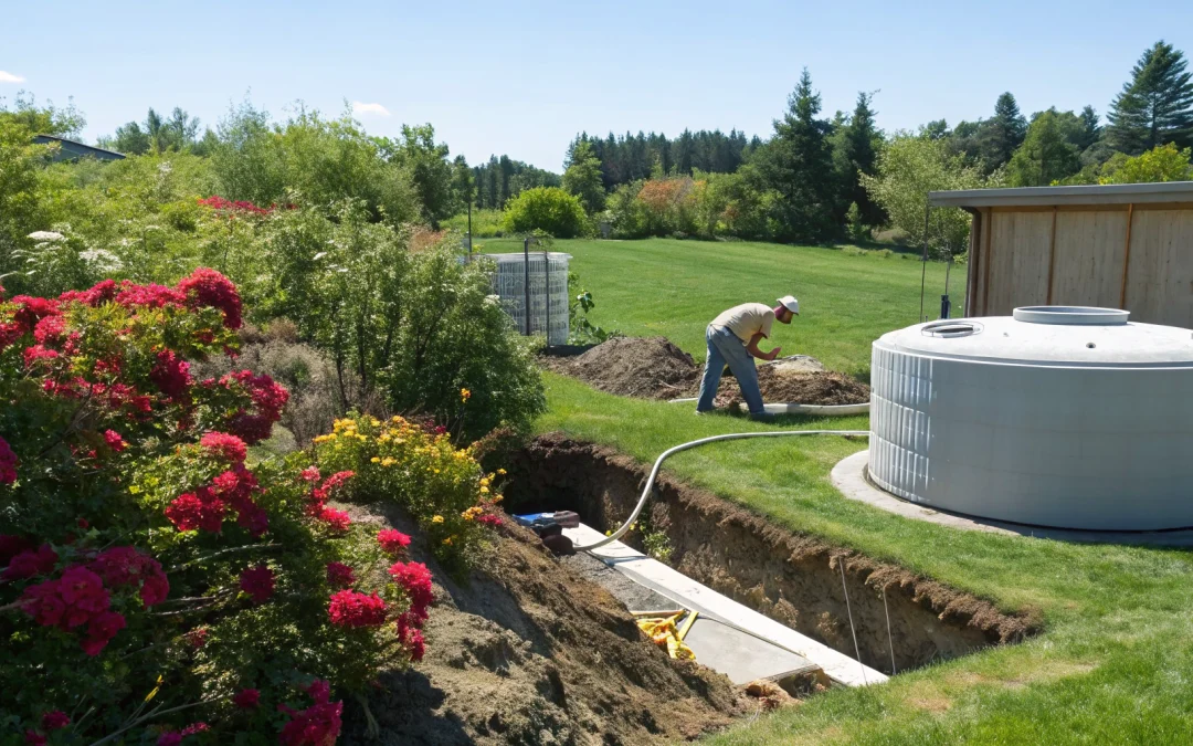 Standard size septic tank installation in a residential yard.