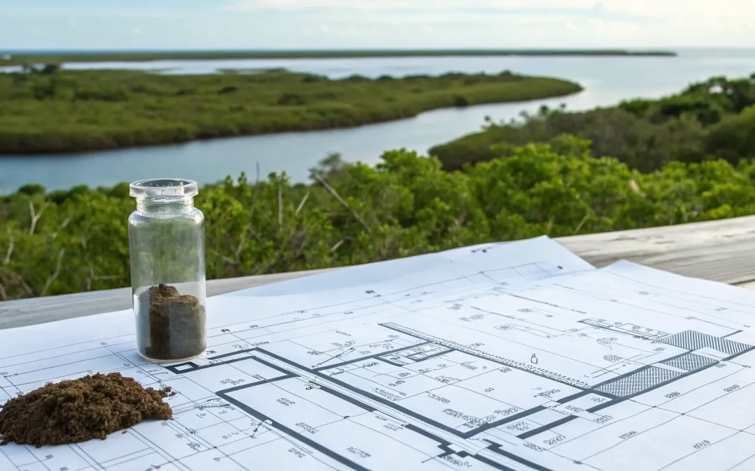 Engineered septic system design plans and a soil sample during a site evaluation.