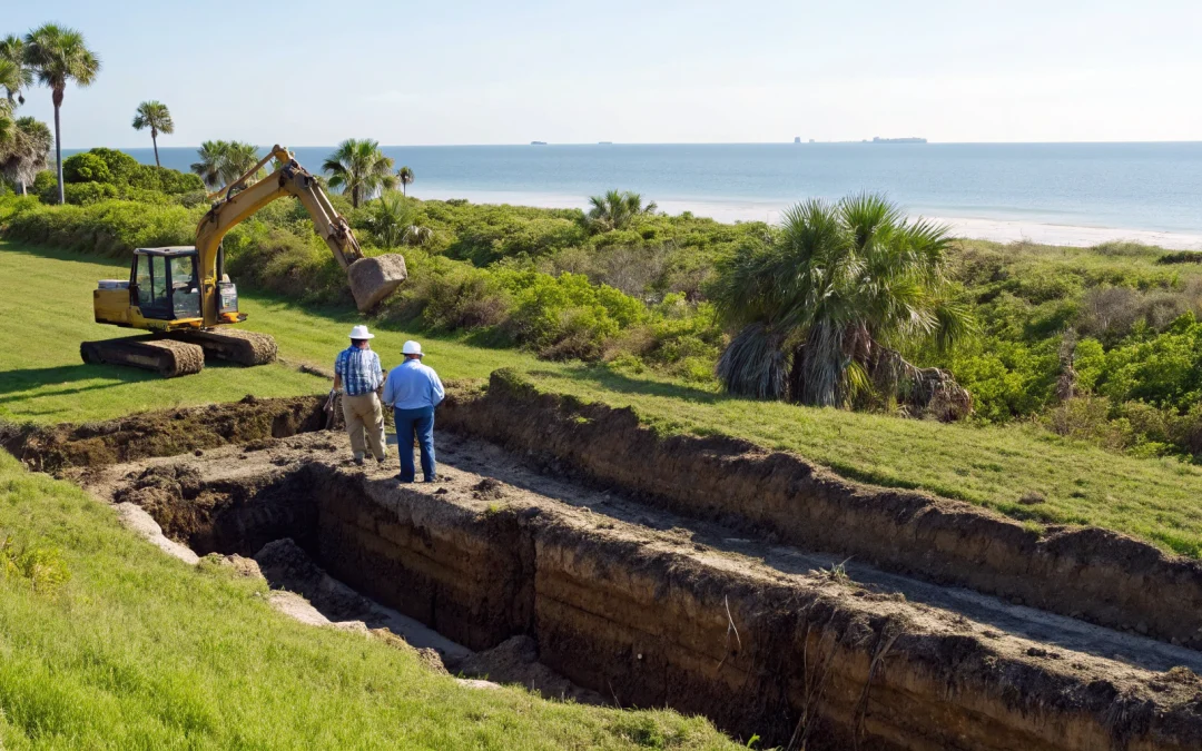 Workers determining the right septic tank size for 10 users during excavation.