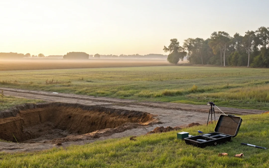 Soil pit and equipment for a perc test to plan a septic system in a Florida field.