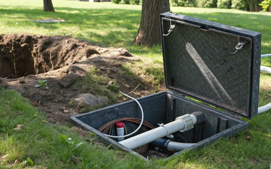 A septic drain field distribution box with its lid open, revealing the connected pipes.