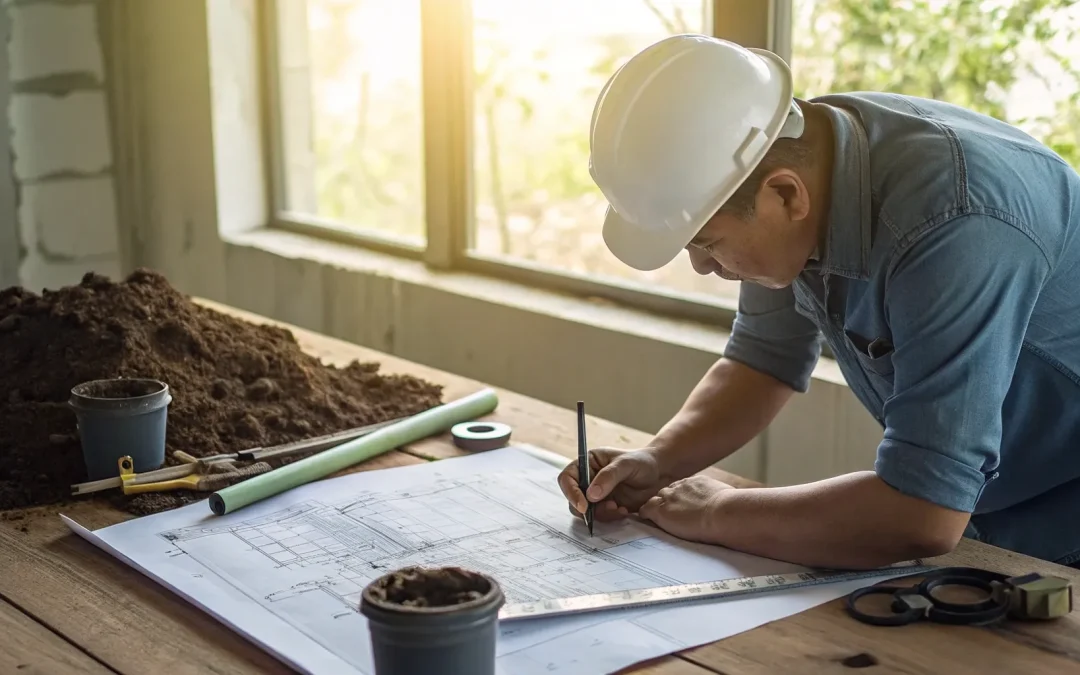 Engineer reviewing septic tank plans and soil samples on a construction site.