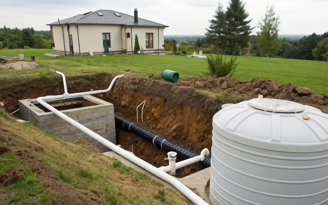 Pipes connecting a home's greywater drainage to a septic tank during installation.