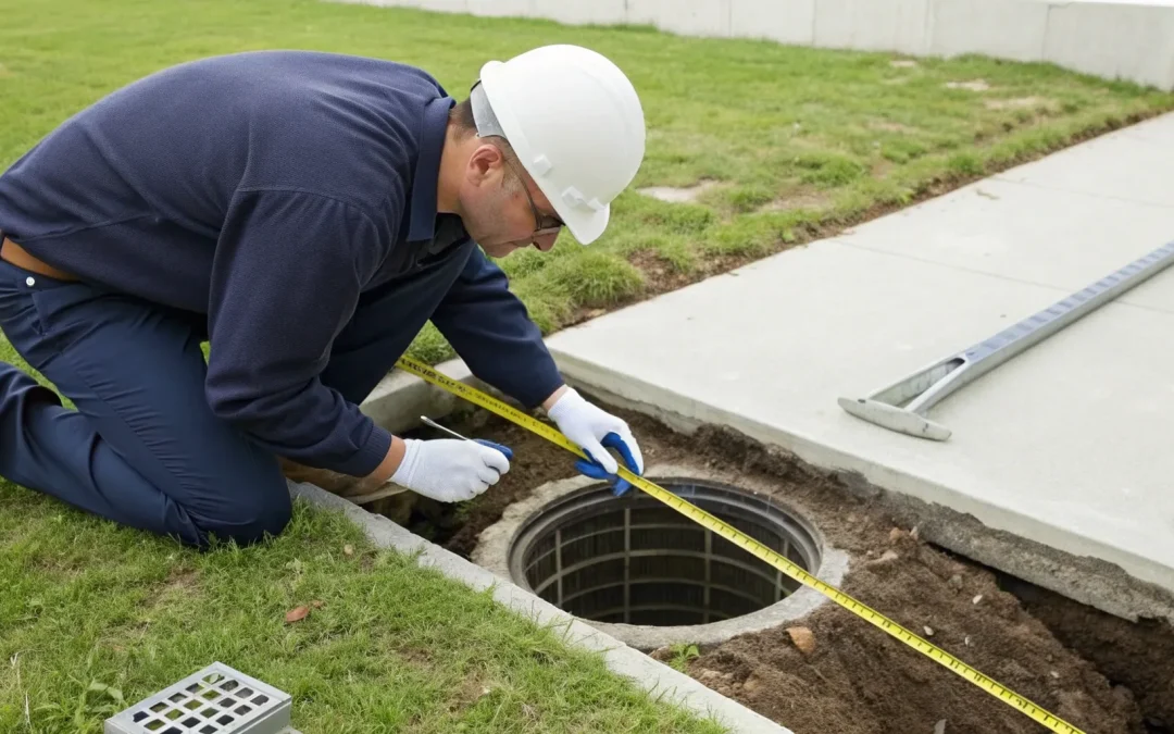 A worker takes an accurate septic drain field measurement with a tape measure.