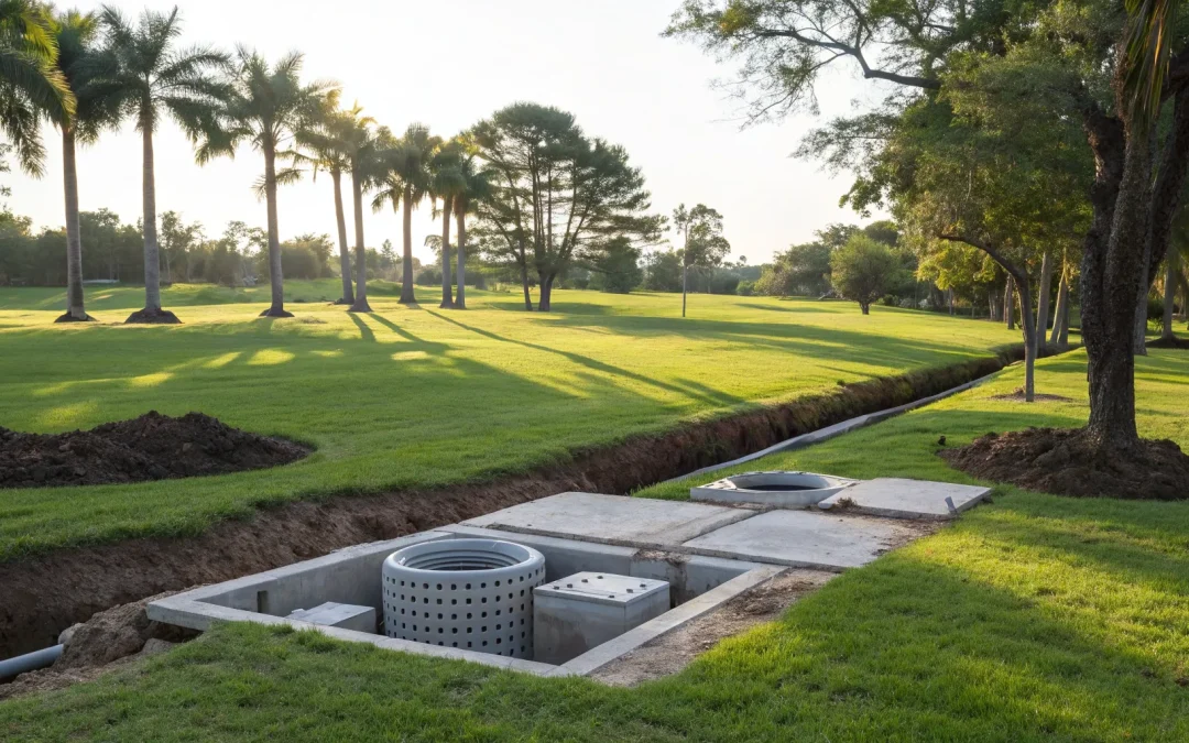 Installation of a sealed vault septic system with concrete access covers on a grassy property.
