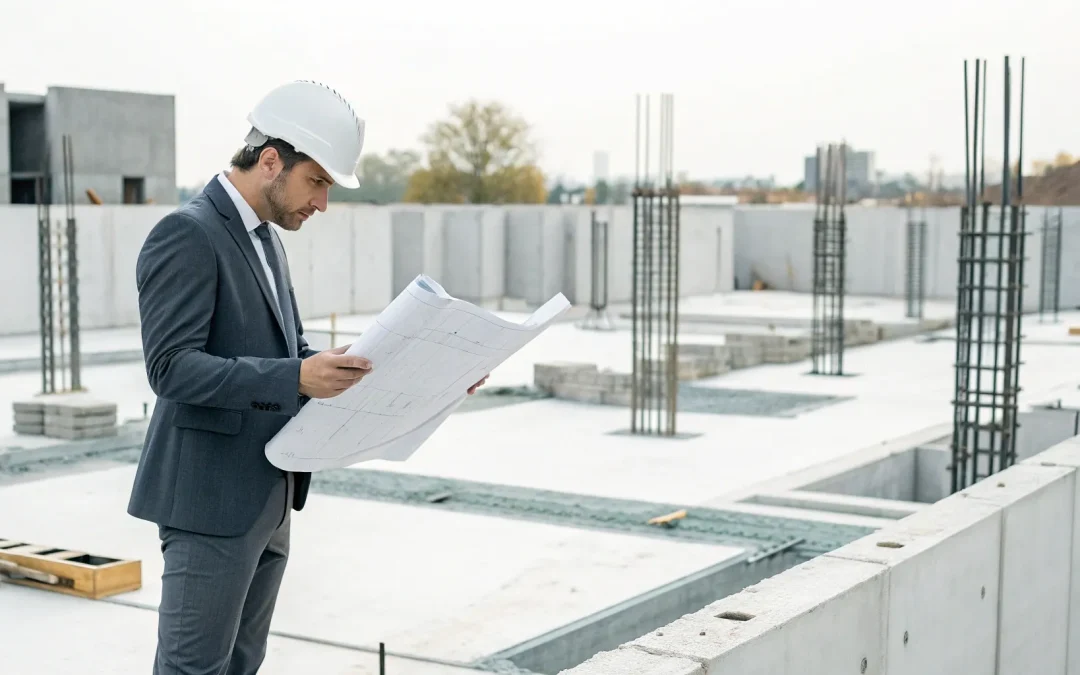 Septic permit services for a builder reviewing construction site blueprints.