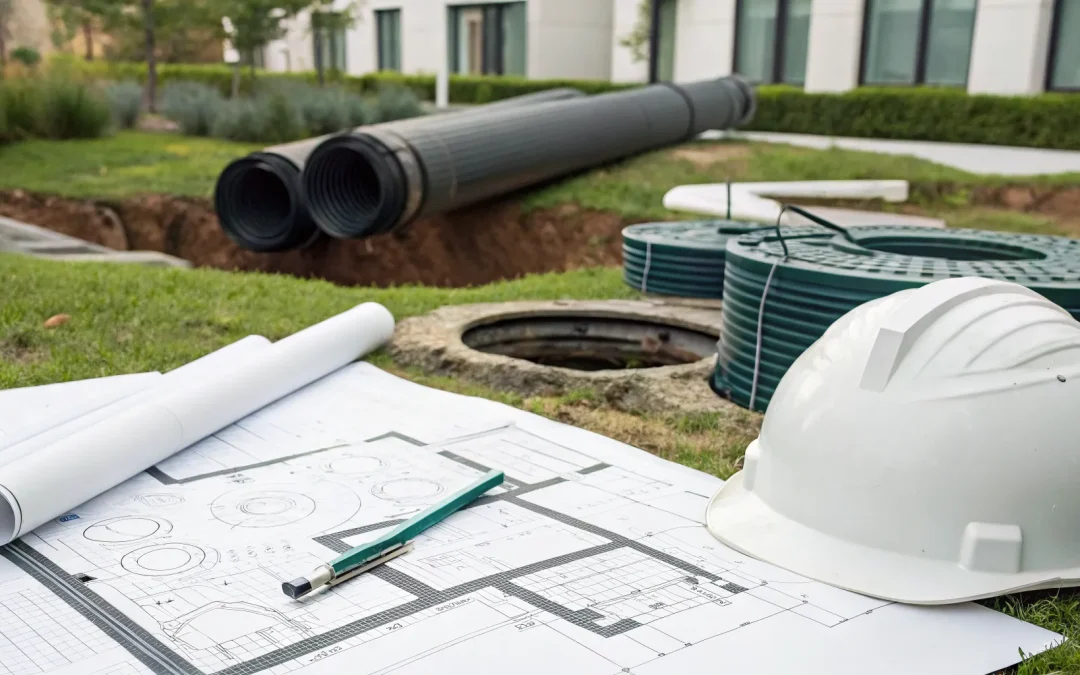 A hard hat rests on septic system engineering and permitting blueprints.