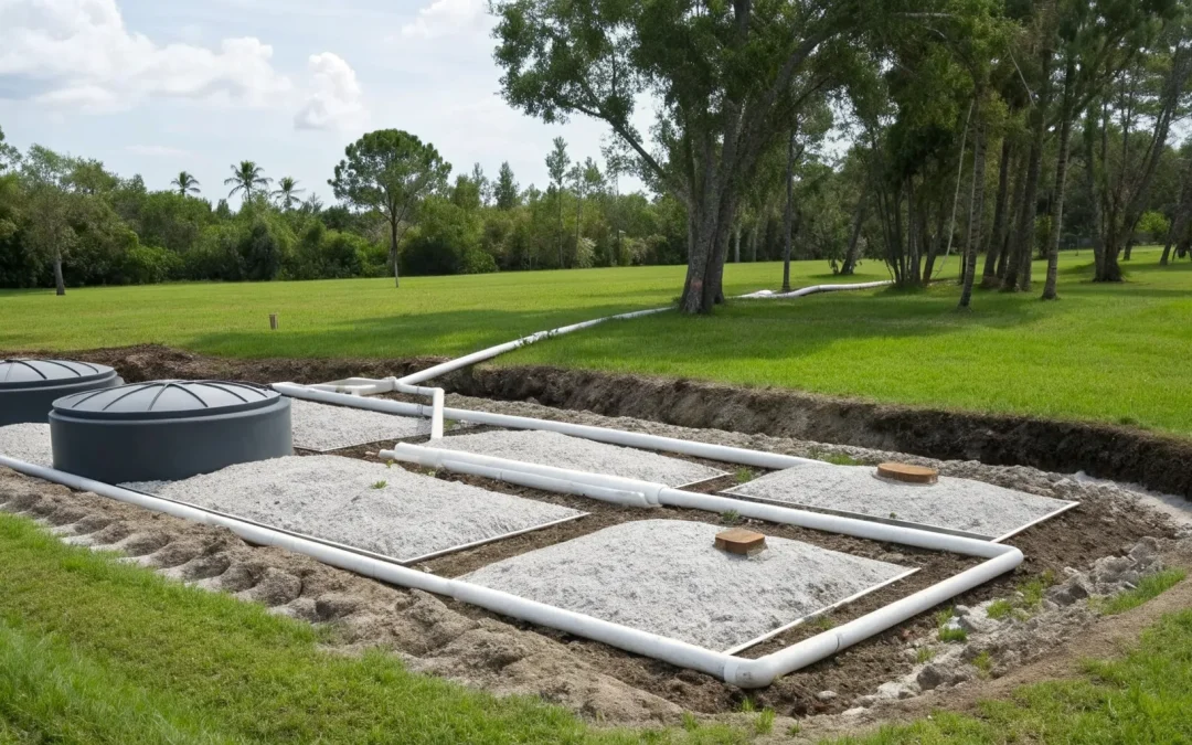Septic drainfield design for a Florida property showing PVC pipes installed in gravel trenches.