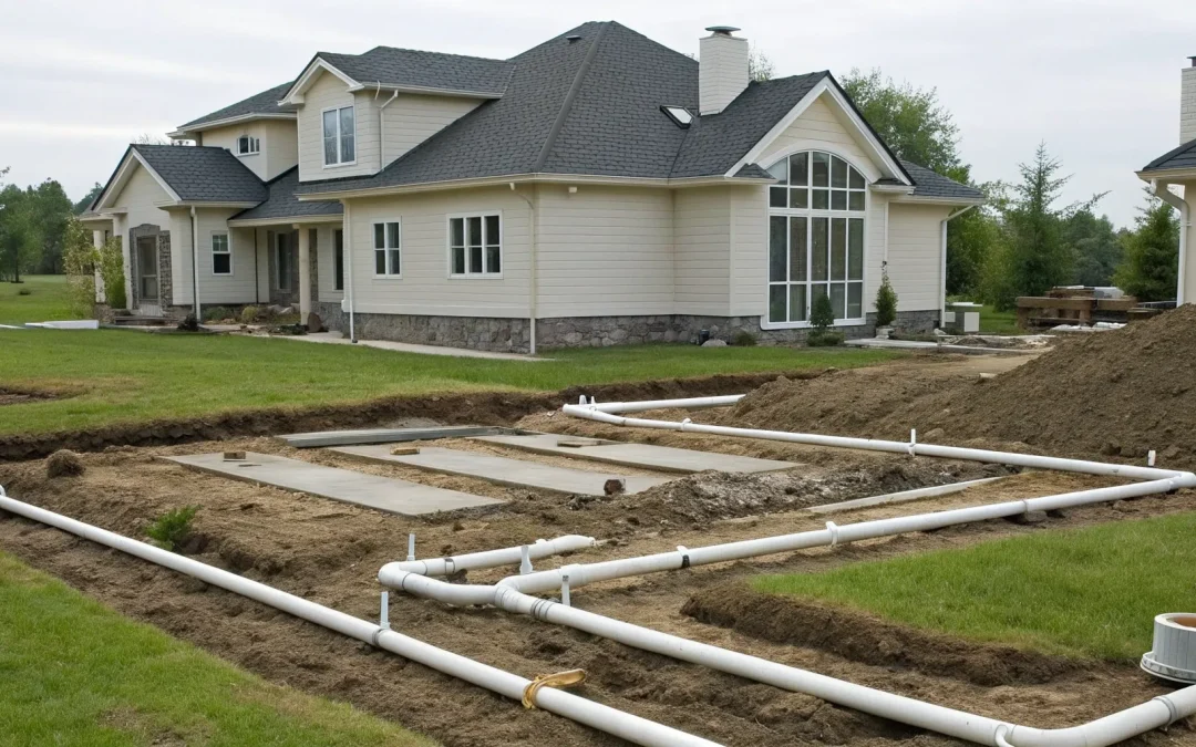 Small residential septic drain field layout with PVC pipes and trenches.