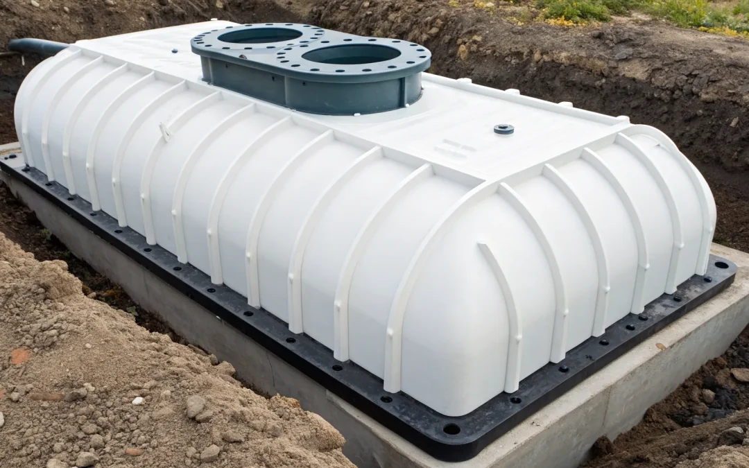 A modern plastic septic tank design with dimensions in meters being installed.