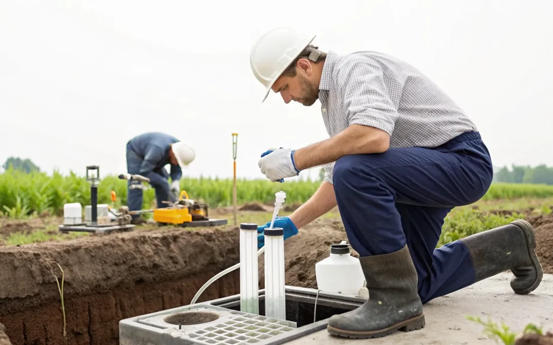 A professional performing a soil percolation test for a septic system.