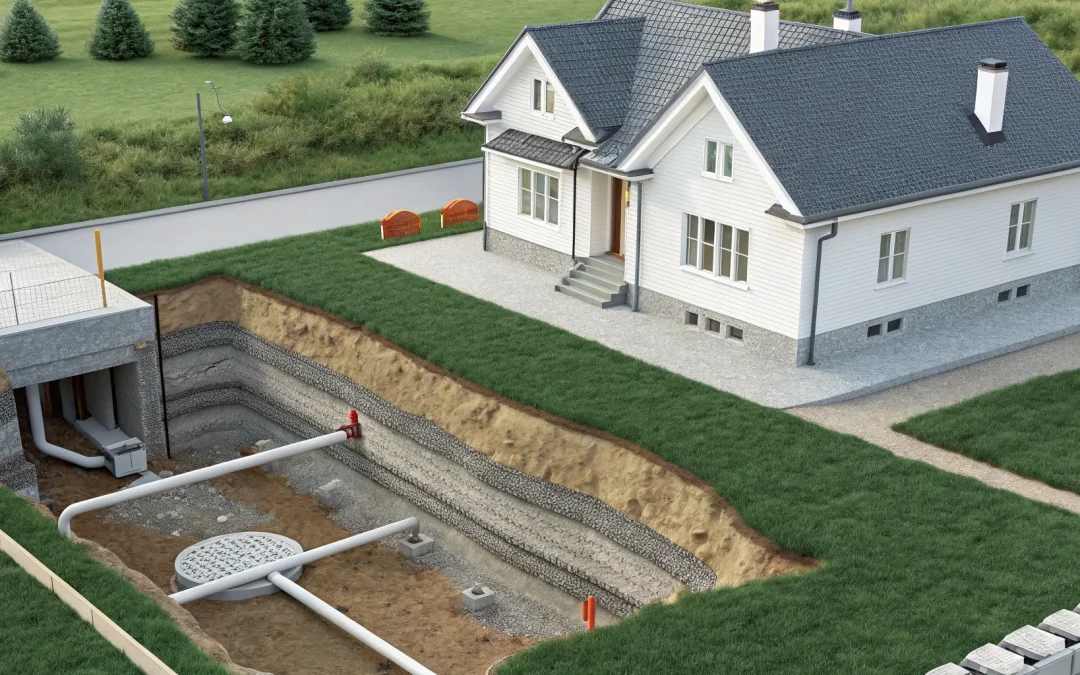 A septic system site plan detailing the house, septic tank, drain field, and underground pipes.